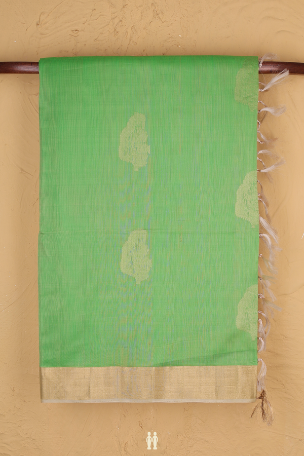 Kora Silk Cotton Saree In Green With Zari Motifs