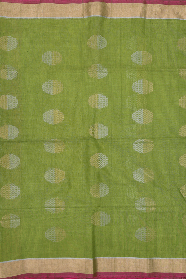 Kora Silk Cotton Saree In Green With Zari Motifs
