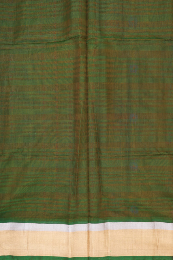 Kora Silk Cotton Saree In Greenish Brown With Parrot Buttas