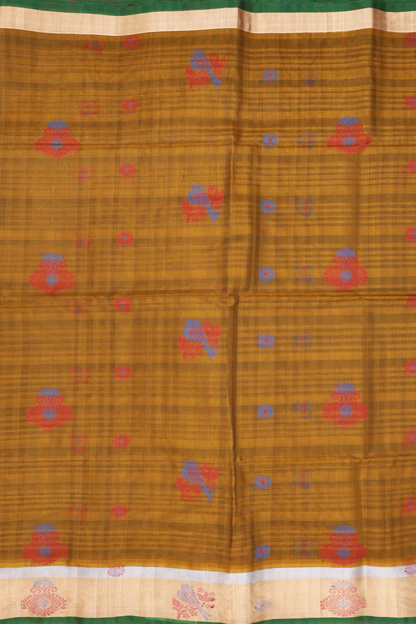 Kora Silk Cotton Saree In Greenish Brown With Parrot Buttas