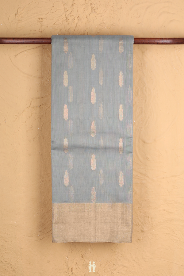 Kora Silk Cotton Saree In Grey Green With Zari Buttas