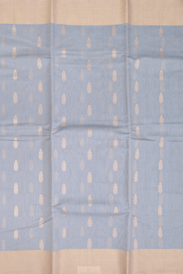 Kora Silk Cotton Saree In Grey Green With Zari Buttas