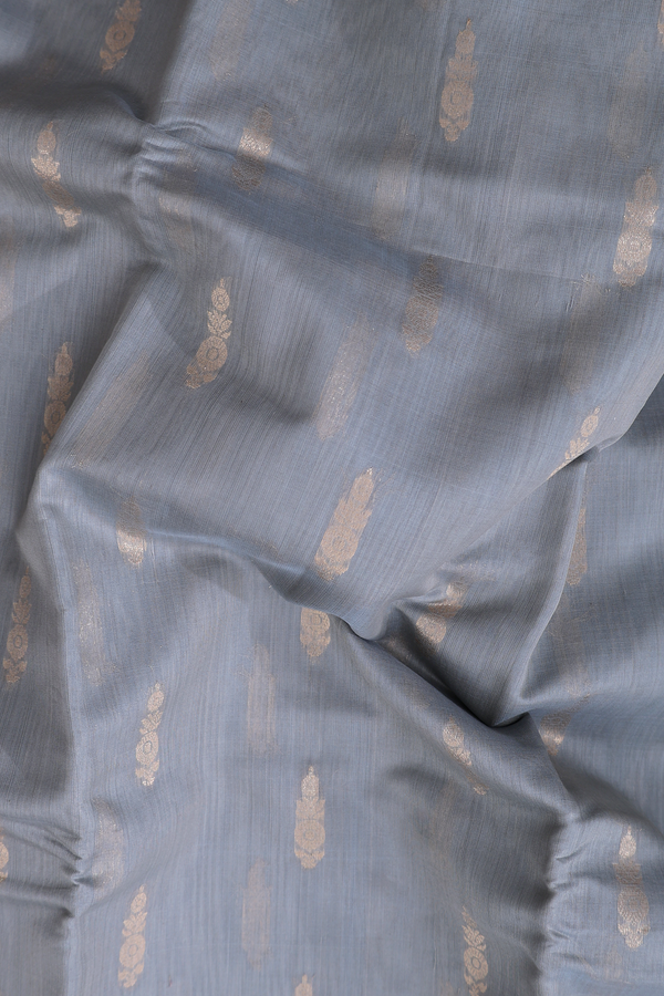 Kora Silk Cotton Saree In Grey Green With Zari Buttas