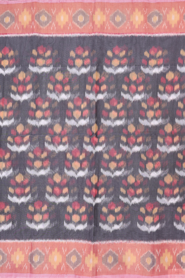 Kora Silk Cotton Saree In Grey With Ikat Design