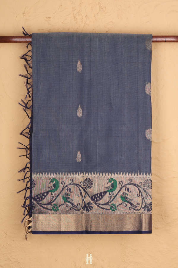 Kora Silk Cotton Saree In Grey With Zari Buttas