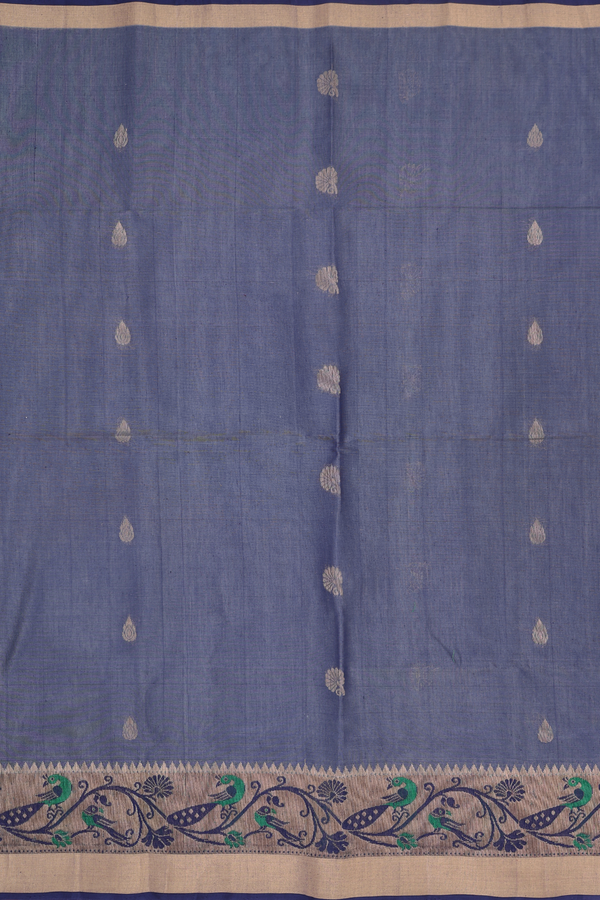 Kora Silk Cotton Saree In Grey With Zari Buttas