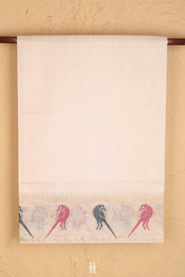 Kora Silk Cotton Saree In Ivory With Parrot Border