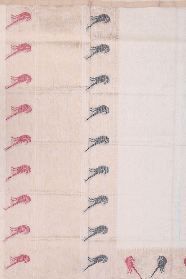 Kora Silk Cotton Saree In Ivory With Parrot Border