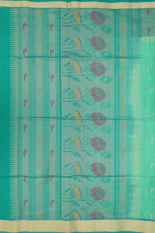 Kora Silk Cotton Saree In Jade Green With Threadwork Design