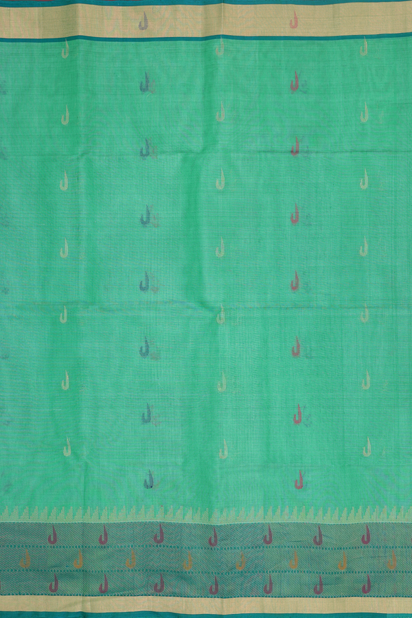 Kora Silk Cotton Saree In Jade Green With Threadwork Design