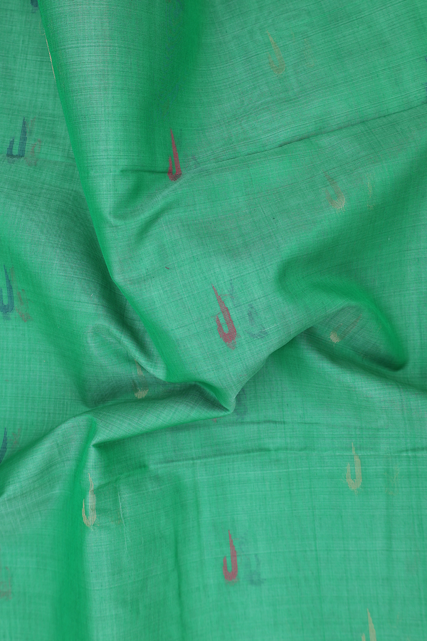 Kora Silk Cotton Saree In Jade Green With Threadwork Design