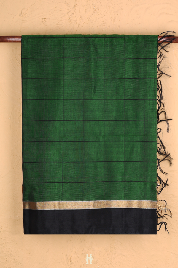 Kora Silk Cotton Saree In Leaf Green With Checks Design
