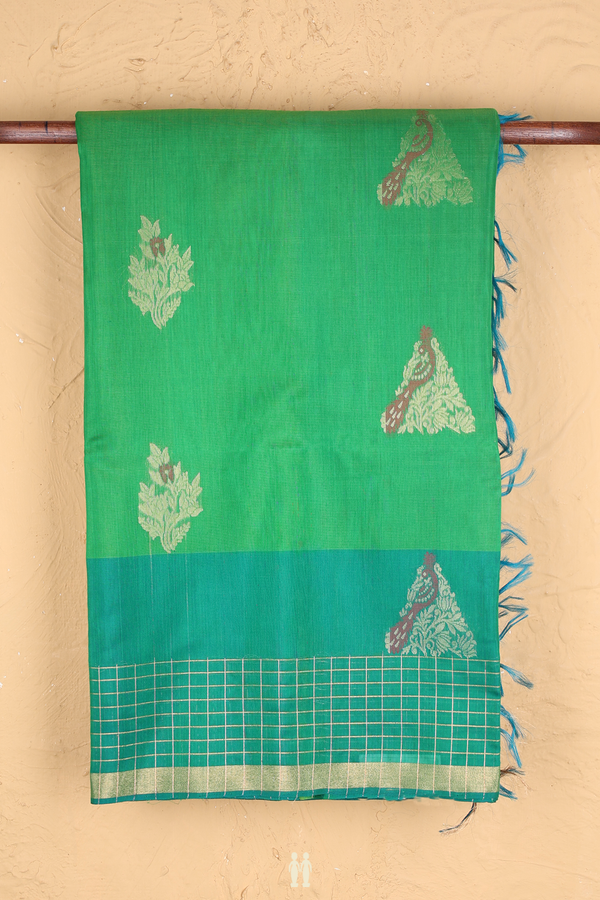 Kora Silk Cotton Saree In Leaf Green With Peacock Motifs