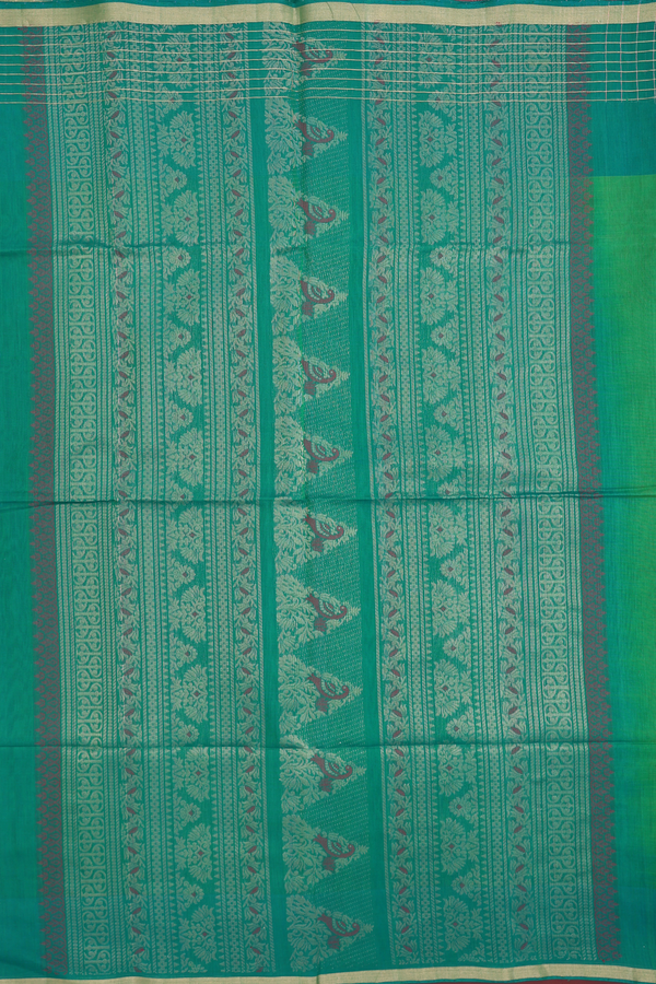 Kora Silk Cotton Saree In Leaf Green With Peacock Motifs