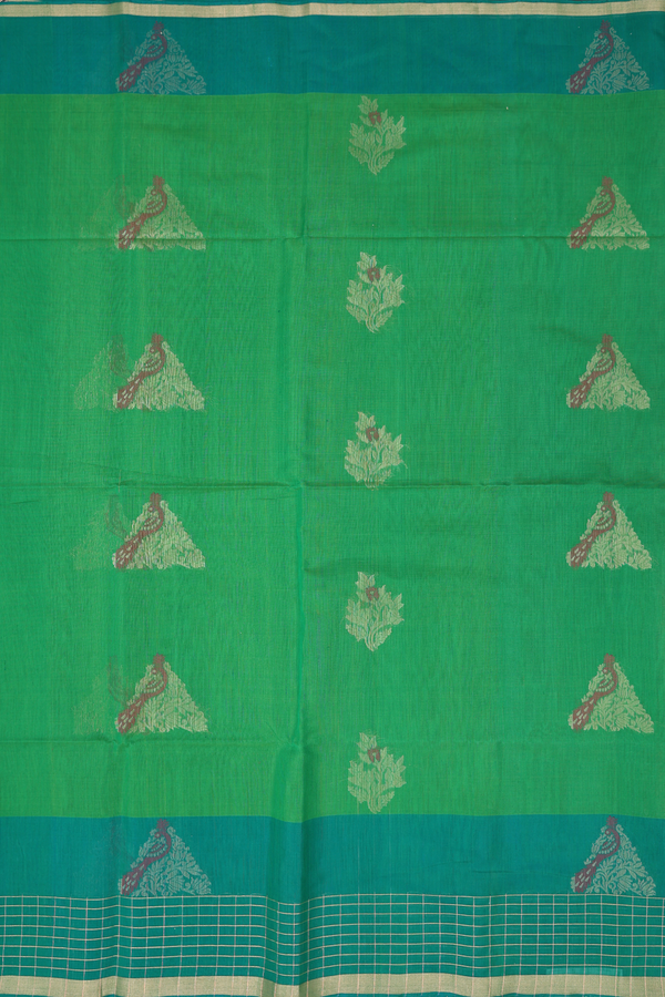 Kora Silk Cotton Saree In Leaf Green With Peacock Motifs
