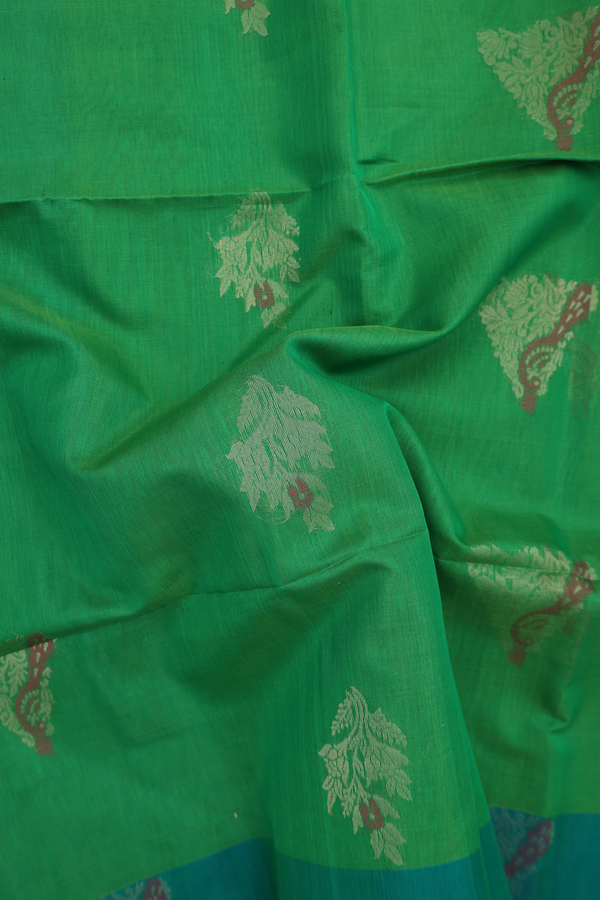 Kora Silk Cotton Saree In Leaf Green With Peacock Motifs