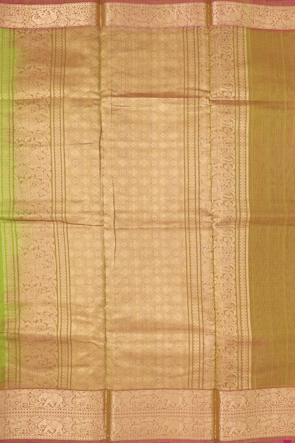 Kora Silk Cotton Saree In Lime Green With Deer Buttas