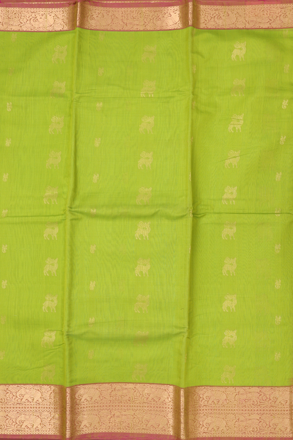 Kora Silk Cotton Saree In Lime Green With Deer Buttas