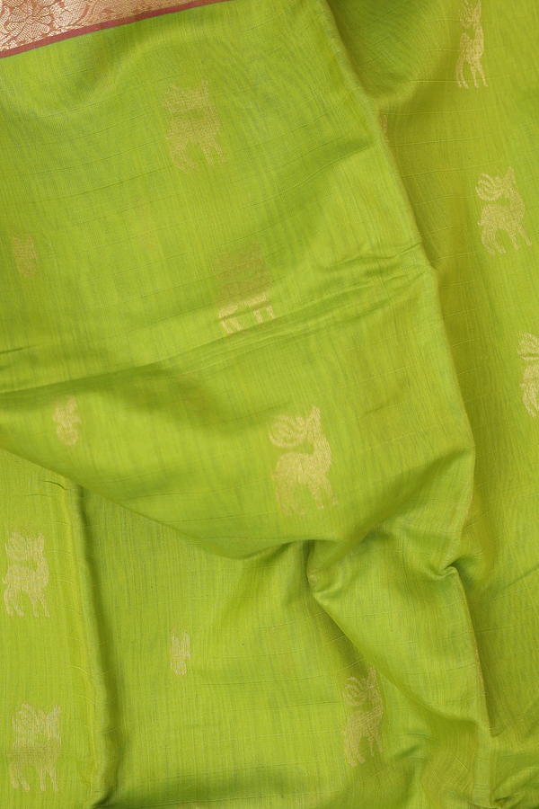 Kora Silk Cotton Saree In Lime Green With Deer Buttas