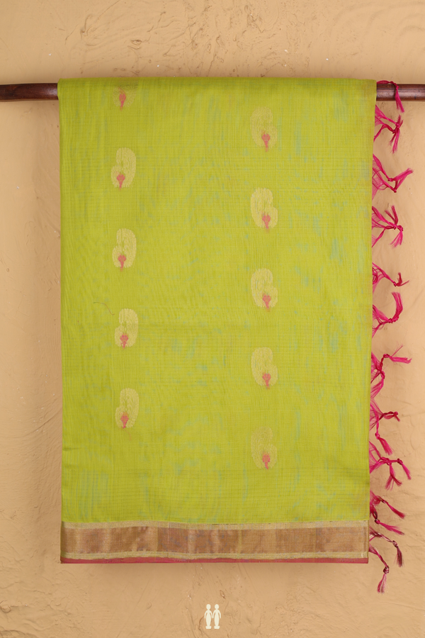 Kora Silk Cotton Saree In Lime Green With Zari Buttas