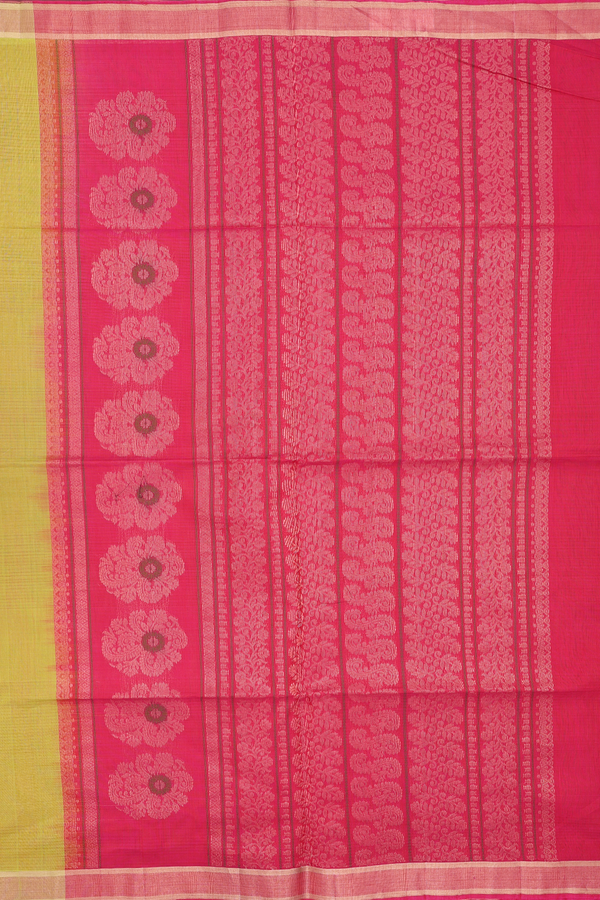 Kora Silk Cotton Saree In Lime Green With Zari Buttas