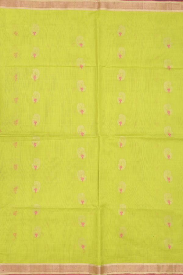 Kora Silk Cotton Saree In Lime Green With Zari Buttas