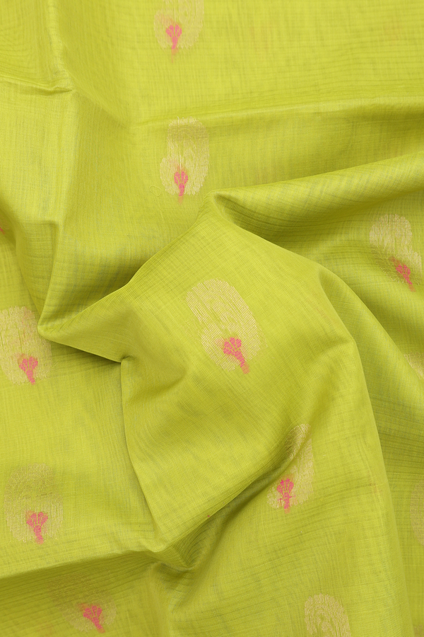 Kora Silk Cotton Saree In Lime Green With Zari Buttas