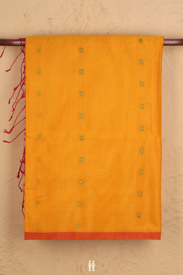 Kora Silk Cotton Saree In Mango Yellow With Floral Buttis