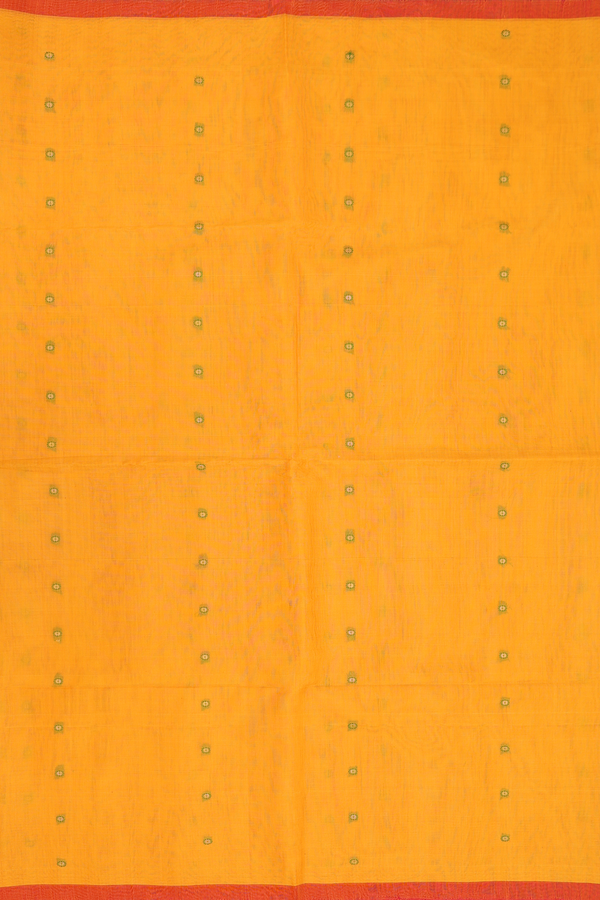 Kora Silk Cotton Saree In Mango Yellow With Floral Buttis