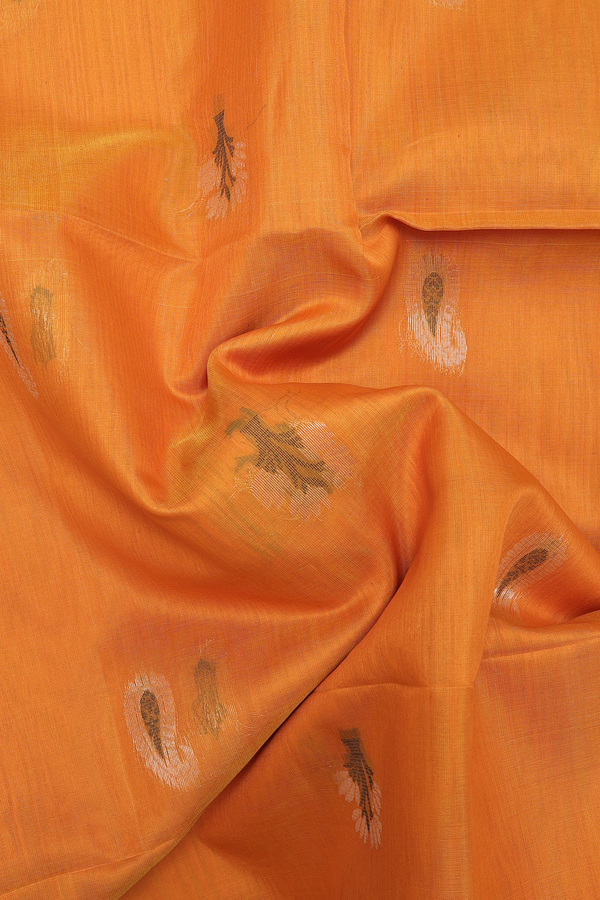 Kora Silk Cotton Saree In Marigold Orange With Tree Buttas