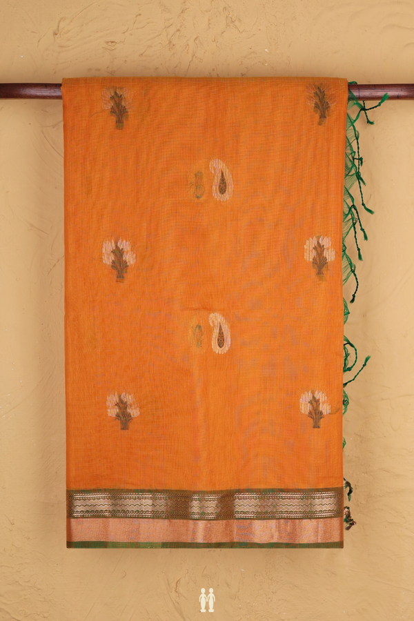 Kora Silk Cotton Saree In Marigold Orange With Tree Buttas