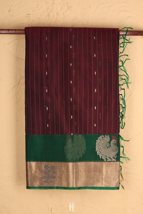 Kora Silk Cotton Saree In Maroon With Stripes Design