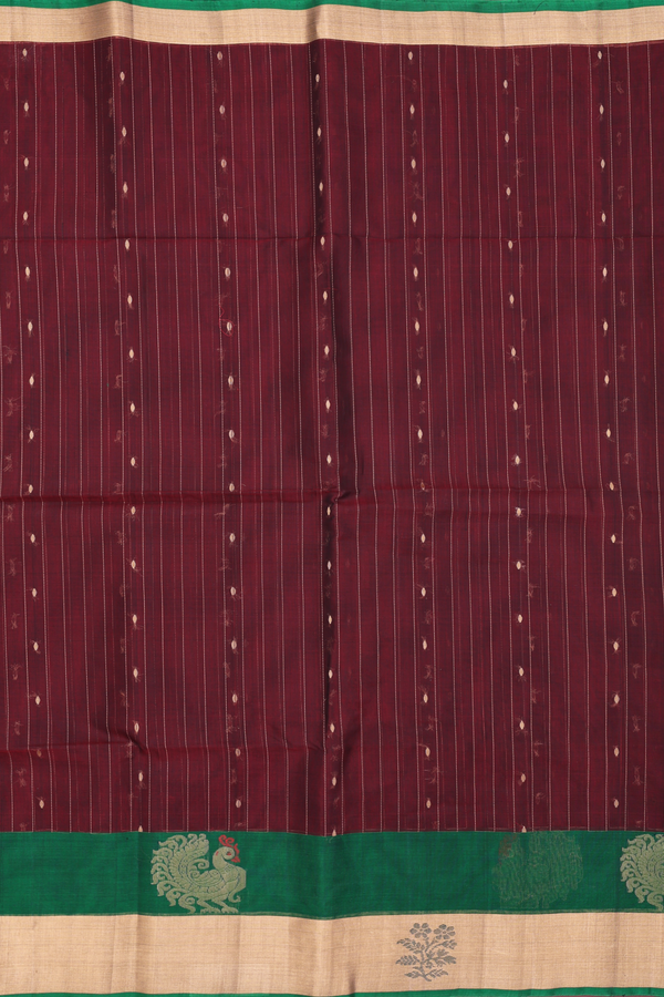 Kora Silk Cotton Saree In Maroon With Stripes Design