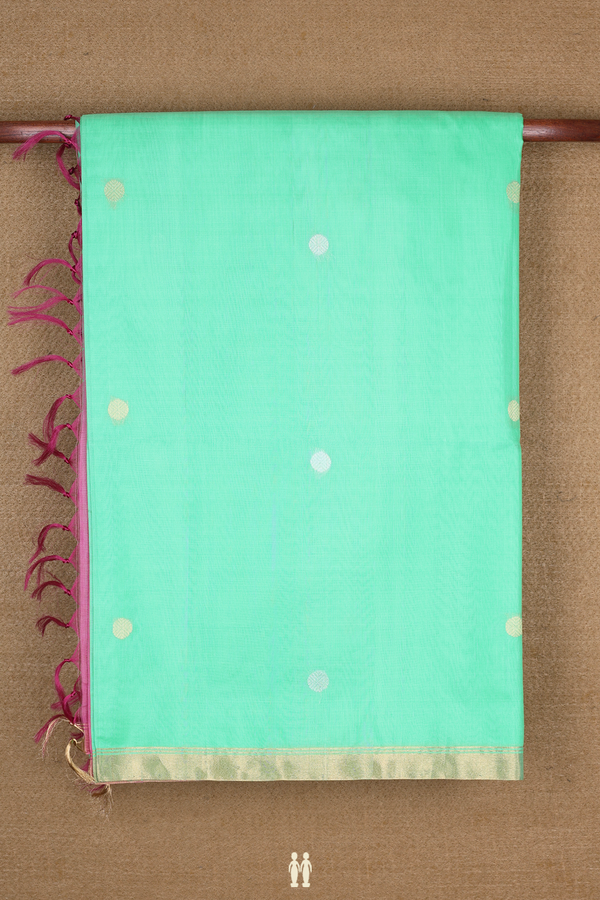 Kora Silk Cotton Saree In Mint Green With Rudraksh Buttas
