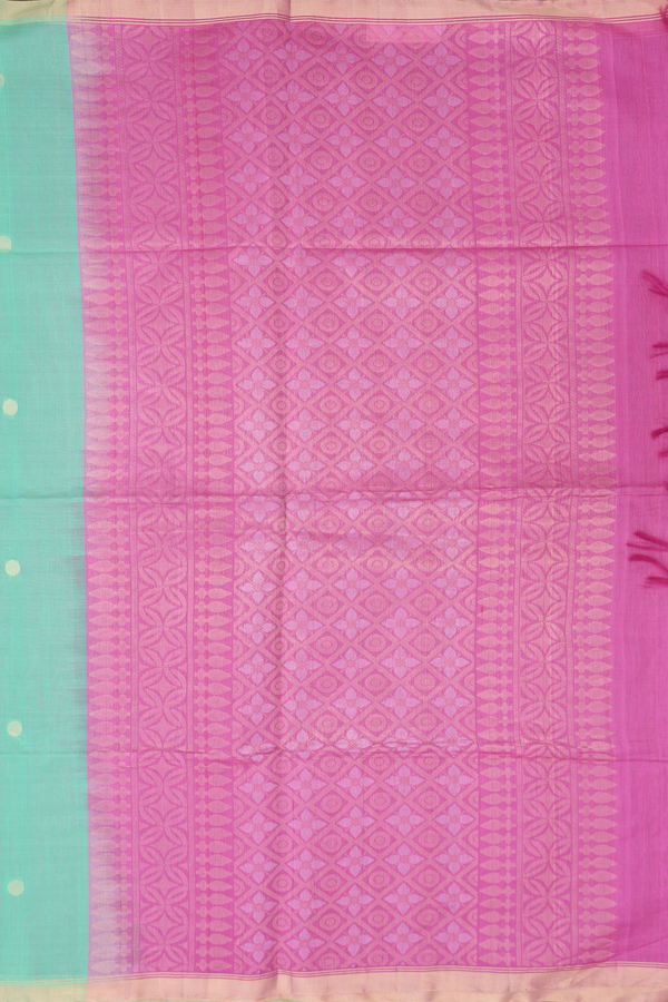 Kora Silk Cotton Saree In Mint Green With Rudraksh Buttas