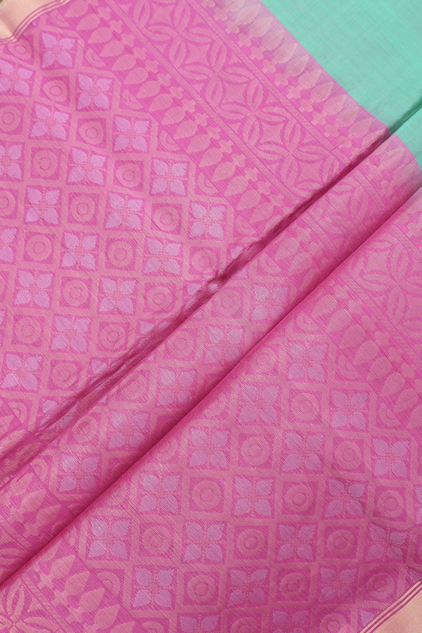 Kora Silk Cotton Saree In Mint Green With Rudraksh Buttas