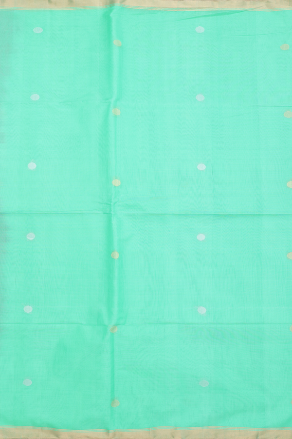 Kora Silk Cotton Saree In Mint Green With Rudraksh Buttas