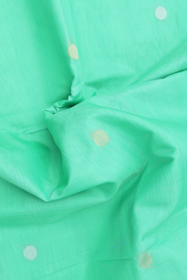 Kora Silk Cotton Saree In Mint Green With Rudraksh Buttas
