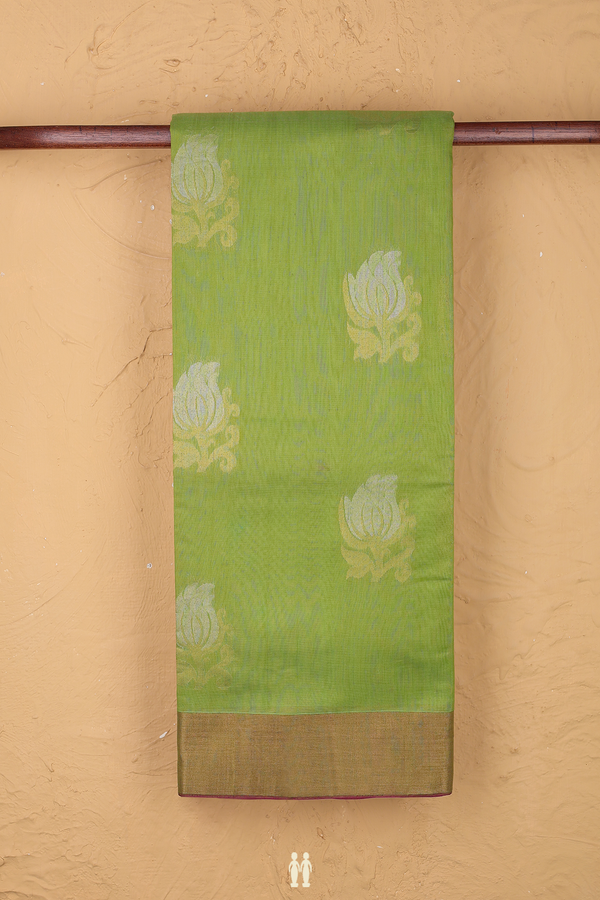 Kora Silk Cotton Saree In Moss Green With Floral Motifs