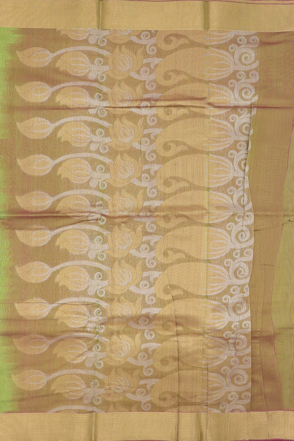 Kora Silk Cotton Saree In Moss Green With Floral Motifs
