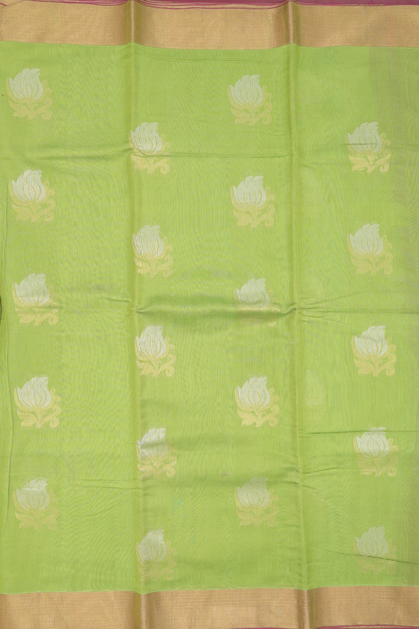 Kora Silk Cotton Saree In Moss Green With Floral Motifs