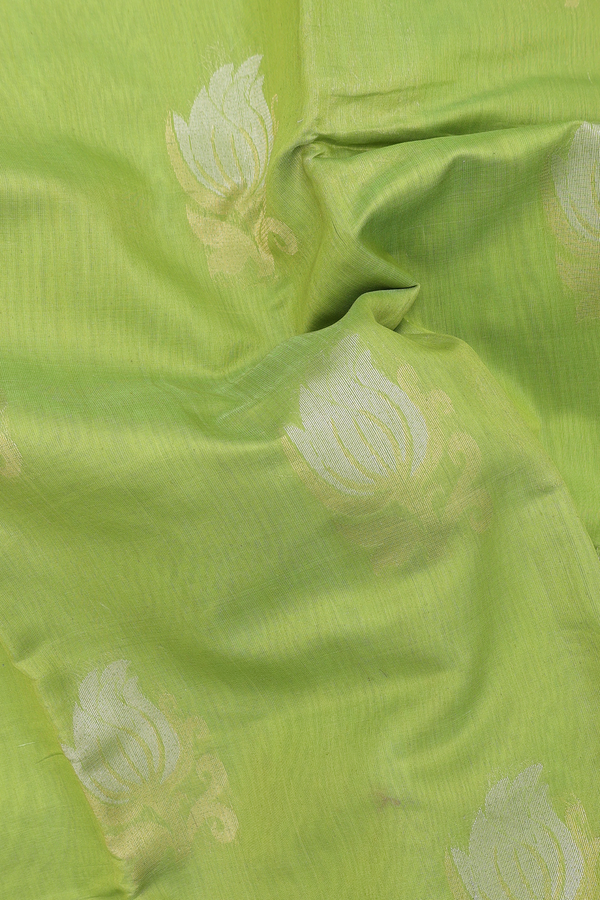 Kora Silk Cotton Saree In Moss Green With Floral Motifs