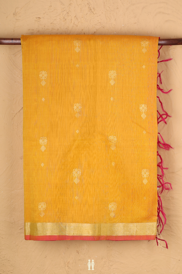 Kora Silk Cotton Saree In Mustard Yellow With Zari Buttas