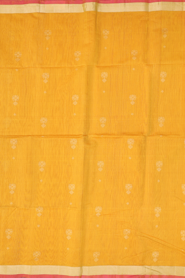 Kora Silk Cotton Saree In Mustard Yellow With Zari Buttas