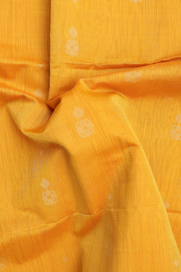 Kora Silk Cotton Saree In Mustard Yellow With Zari Buttas