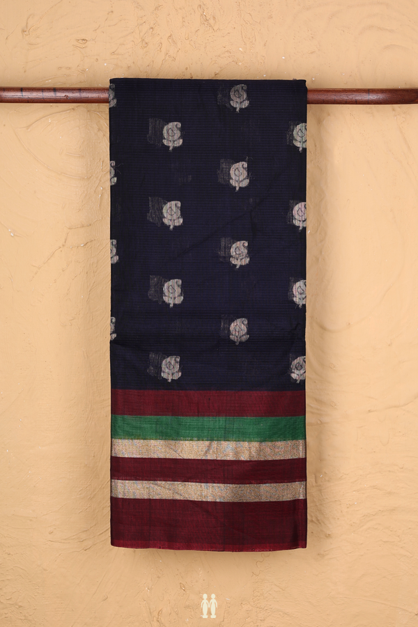 Kora Silk Cotton Saree In Navy Blue With Paisley Buttas