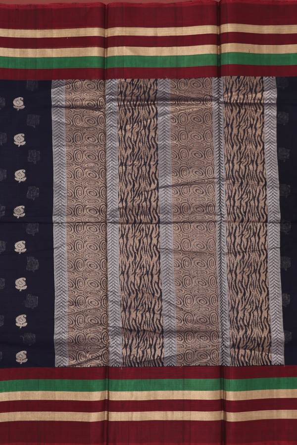 Kora Silk Cotton Saree In Navy Blue With Paisley Buttas