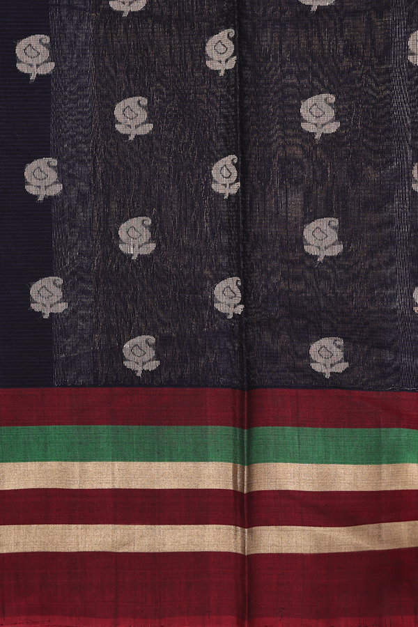 Kora Silk Cotton Saree In Navy Blue With Paisley Buttas