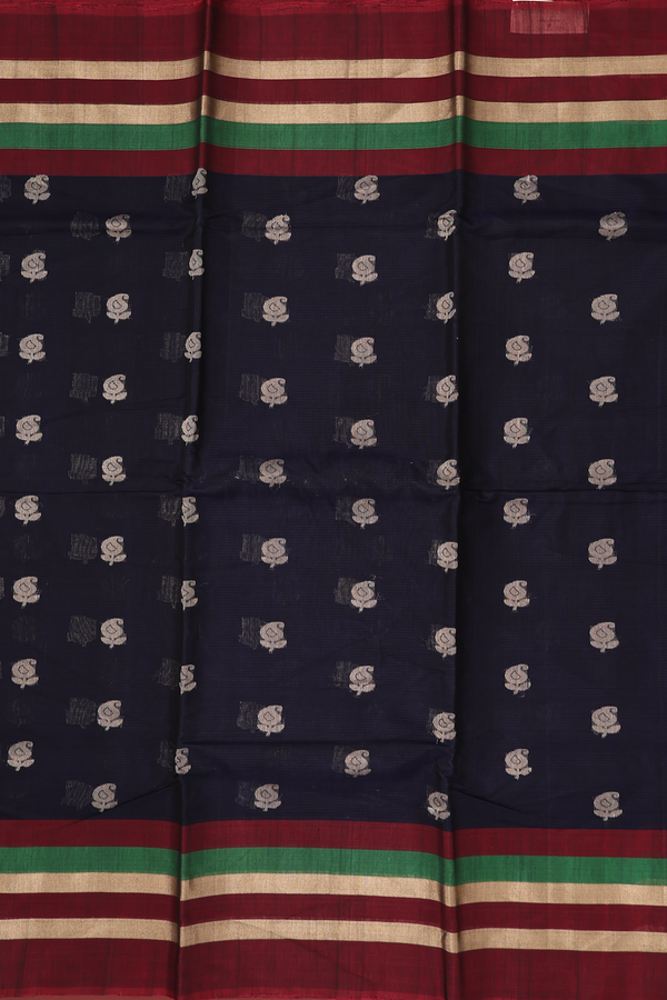 Kora Silk Cotton Saree In Navy Blue With Paisley Buttas