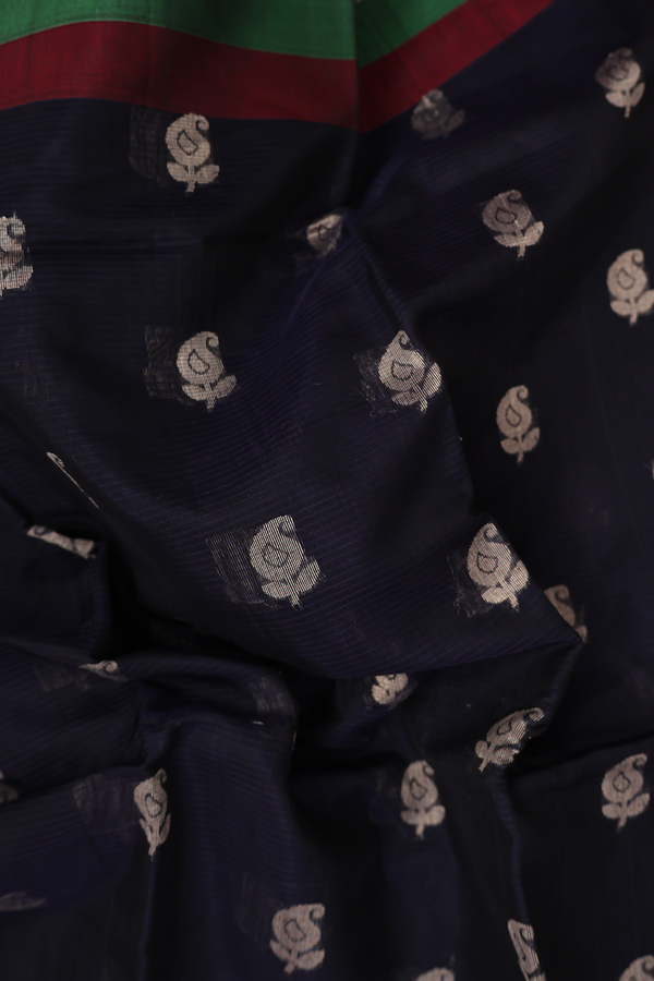 Kora Silk Cotton Saree In Navy Blue With Paisley Buttas